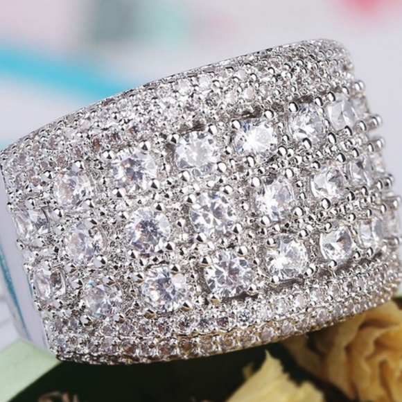 NEW Silver Round Simulate Diamond Pave Wide Band Ring - Picture 4 of 13